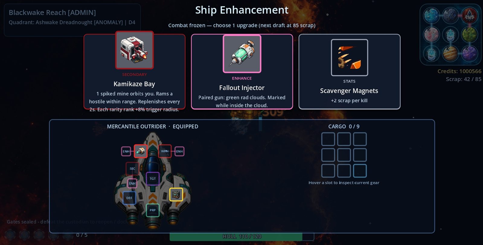 A ship enhancement draft with three upgrade cards