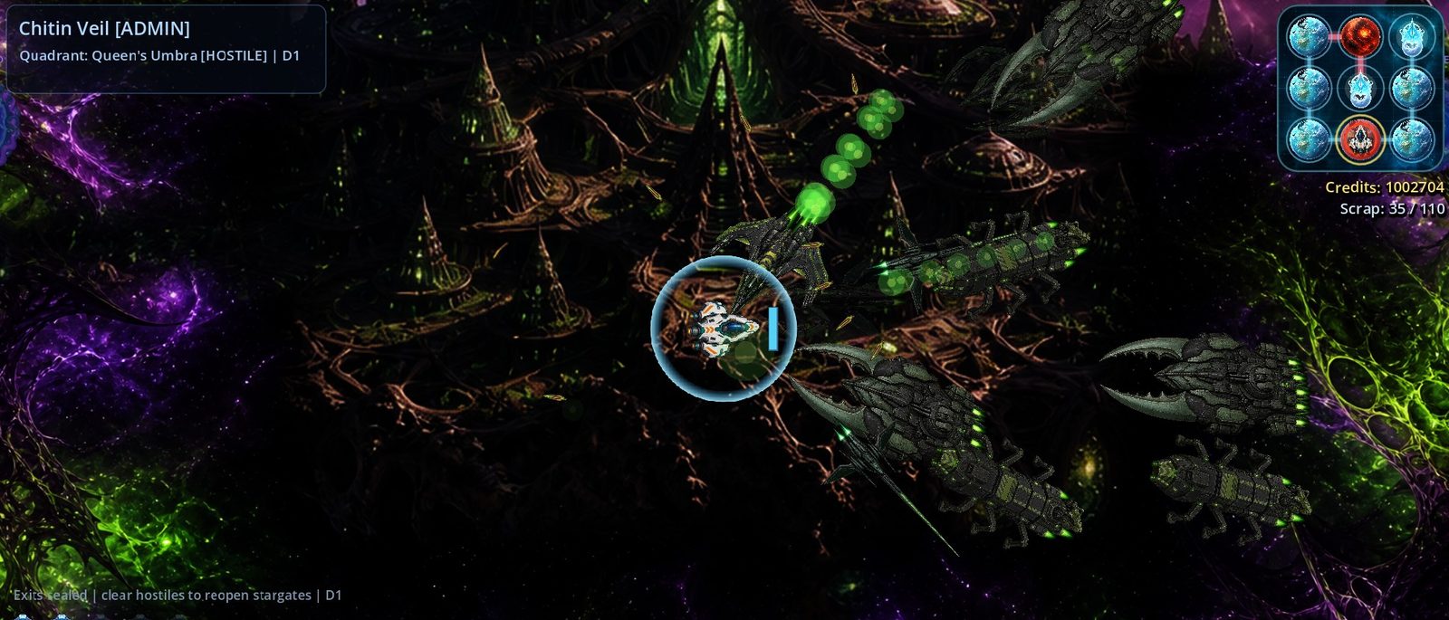 A small fighter surrounded by hive creatures