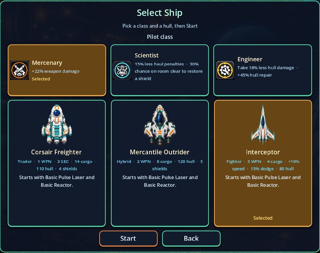 Ship select screen with three hulls and three pilot classes