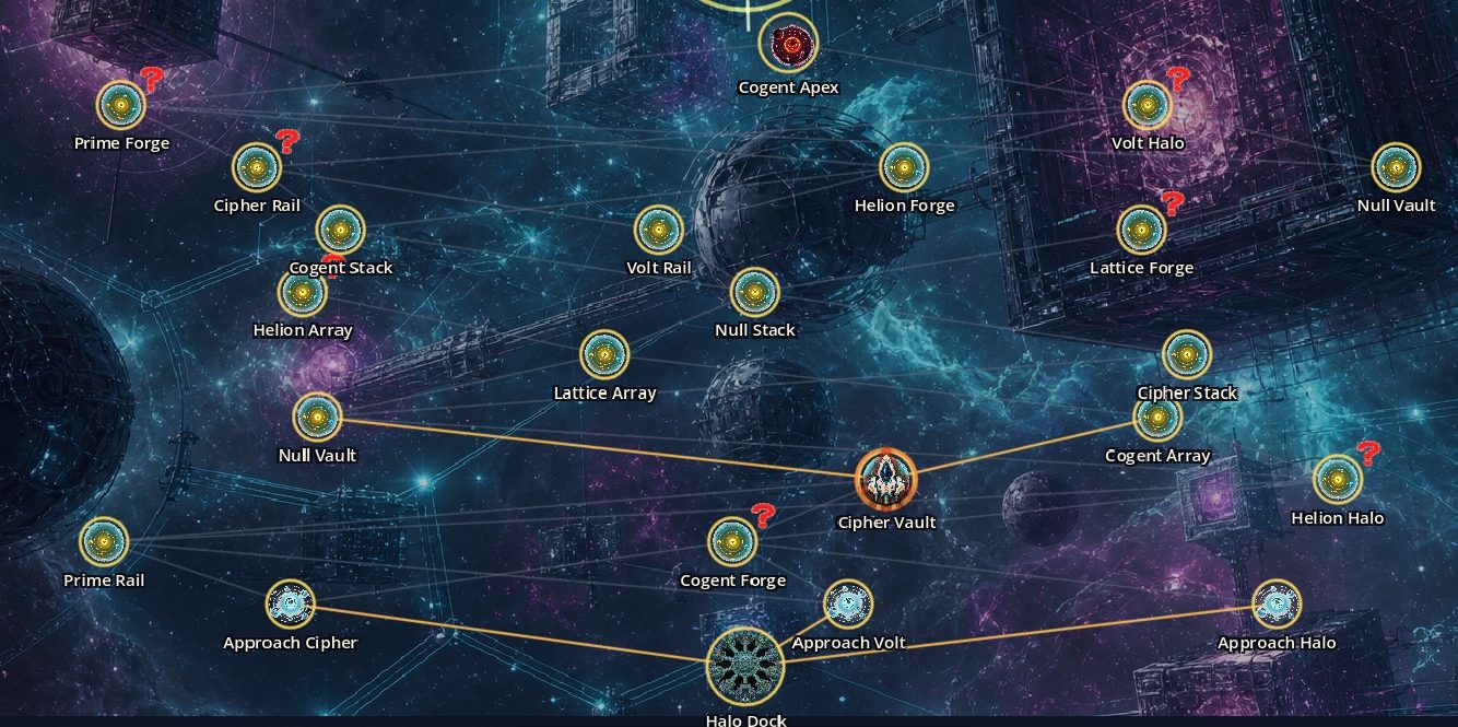A sector map of connected stations and gates